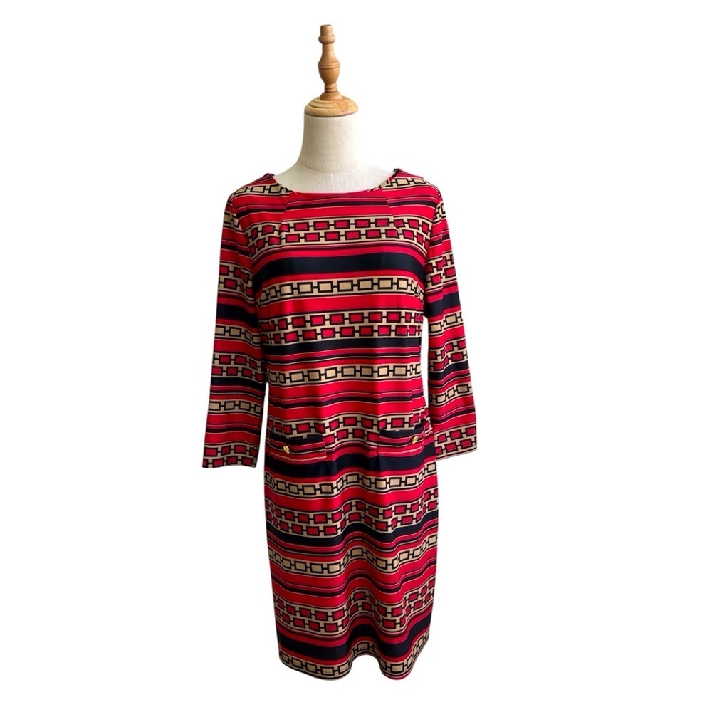 Jude Connally Sabine Red Black Beige Geometric Print Shift Dress Size Medium